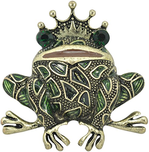 Gyn&Joy Brass Tone Peridot Green Colored Rhinestone Crystal Happy Frog King Brooch Pin BZ099