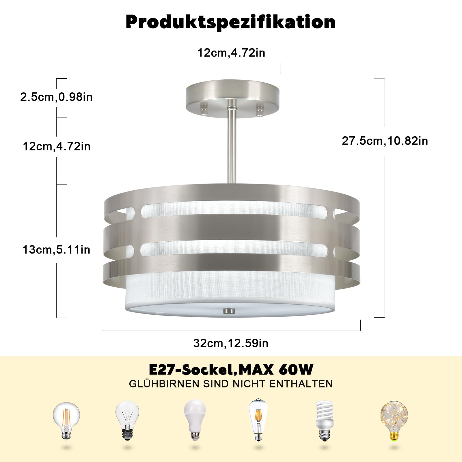 Silber Deckenlampe Wohnzimmer, Silber Deckenlampen mit Stoffschirm, E27 Deckenleuchte, Ø 32CM Moderne Deckenlampe Kronleuchter für Küche, Flur, Schlafzimmer, Esszimmer