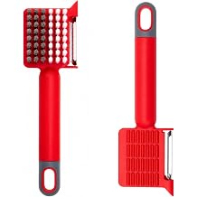 2 Pack Vegetable Brush & Potato Scrubber Set with Built-in Stainless Steel Peeler, Vegetable Scrubber for Food with Dual Bristles & Potato Eye Remover for Potatoes, Carrots, Mushrooms & More