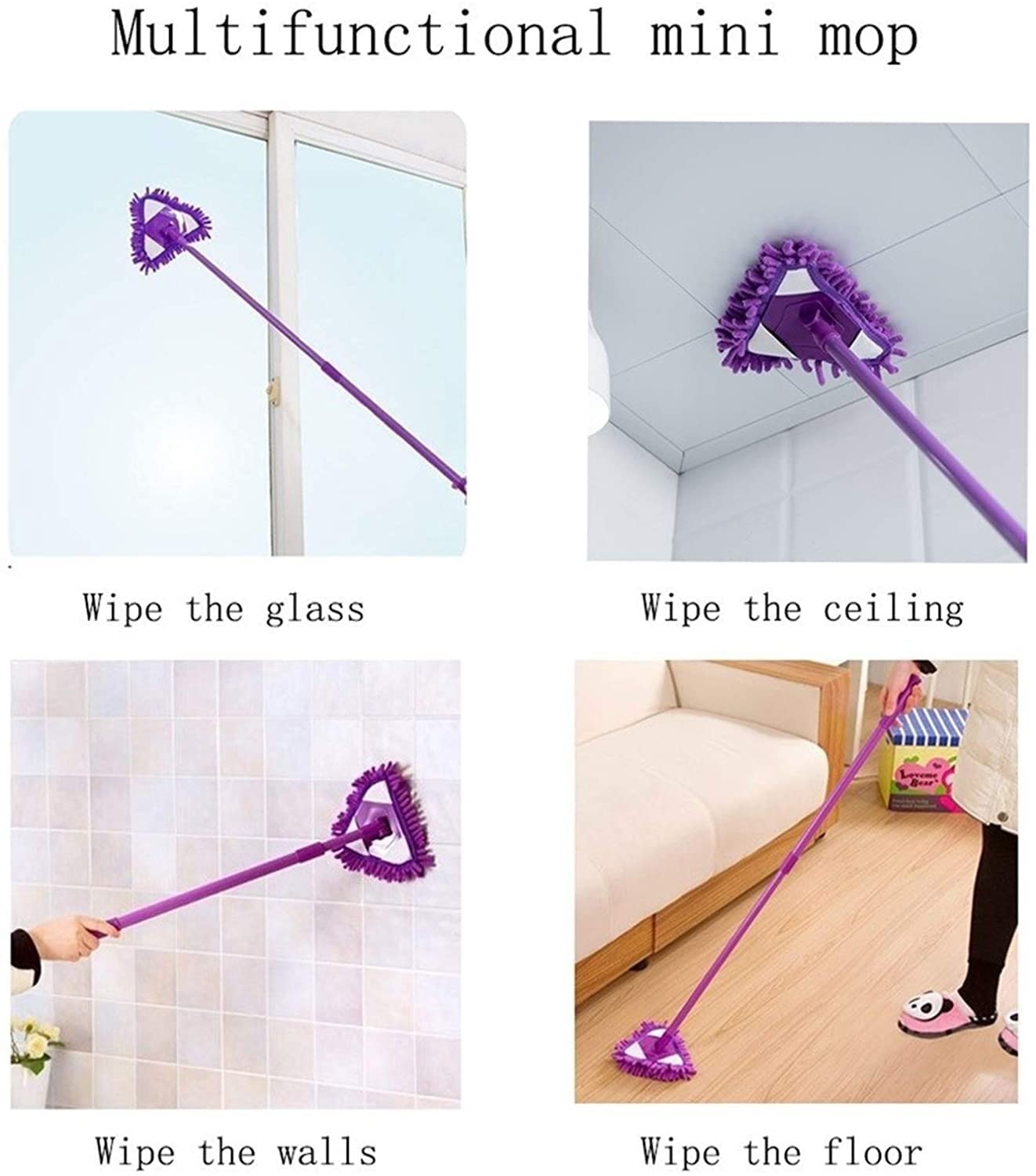mopa giratoria, Trapeador húmedo y seco Triangular de Chenilla for el hogar, retráctil, Giratorio 180°, Utilizado for Limpiar baños, cocinas, techos, vidrios, etc(Purple)