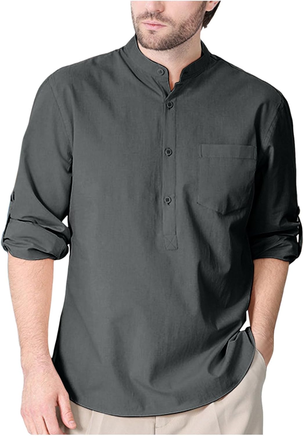 Herren Leinenhemd Langarm Mit Stehkragen - Leicht & Atmungsaktiv Aus Baumwolle-Leinen-Mix