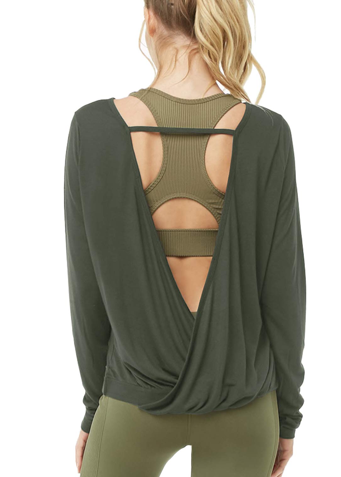 Muzniuer Women's Long Sleeve Open Back Workout Shirts Loose Backless Yoga Shirts Thumb Hole Shirts