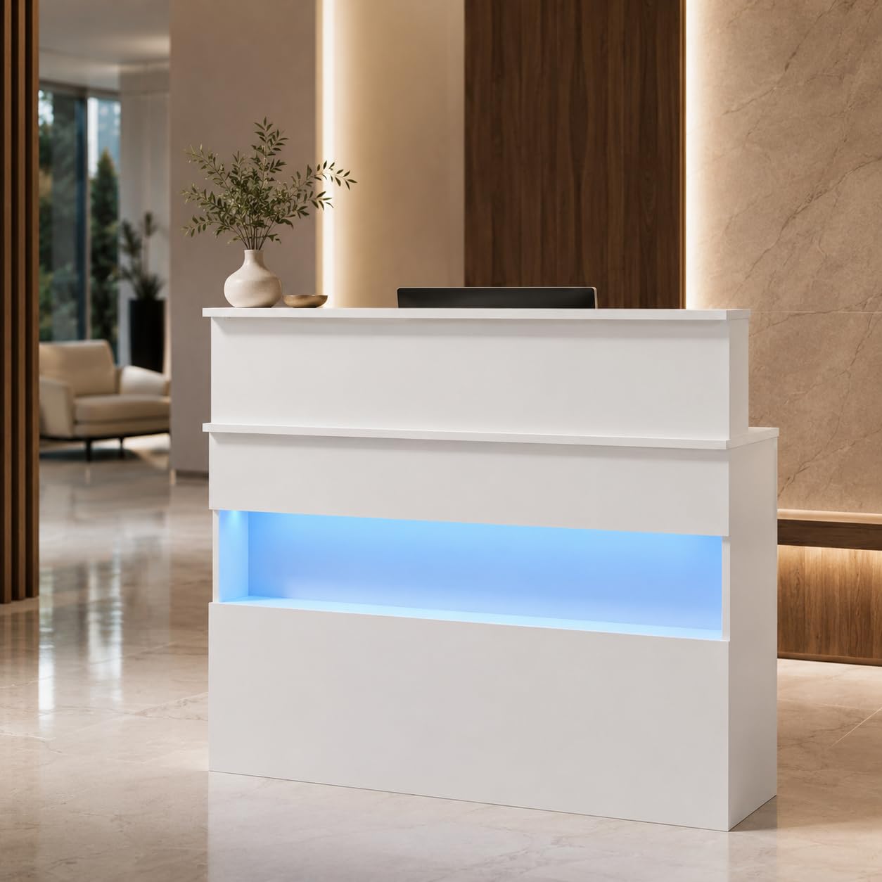 Banco di reception, banco di reception, banco di vendita, sala reception, sala di accoglienza, bancone da ufficio, con grande superficie di lavoro, bianco, legno, 100 cm x 120 cm x 50 cm