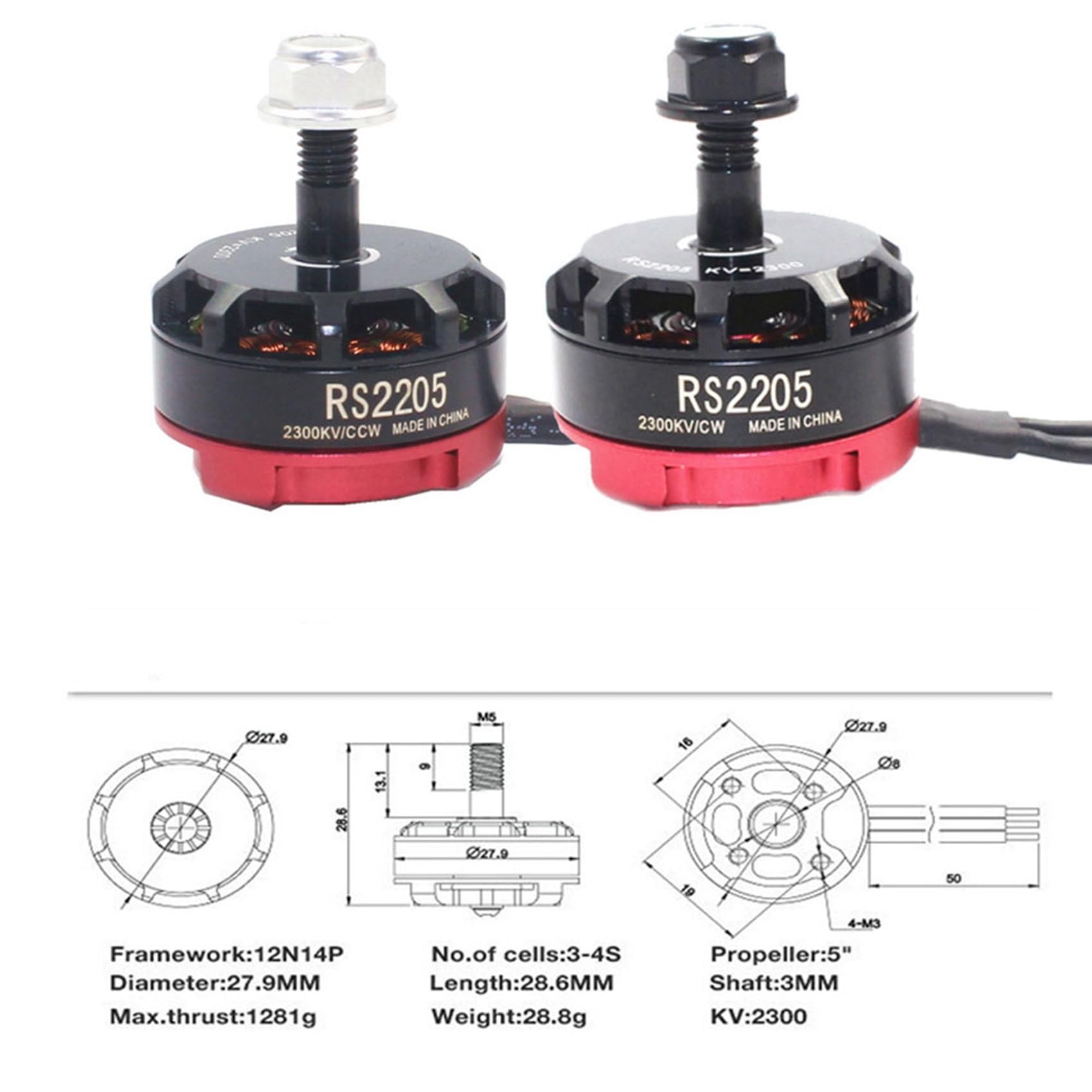 4X Motore Brushless RC RS2205 2205 2300KV per 2-6S 20A/30A/40A ESC FPV RC QAV250 X210 Racing Drone Multicopter(CW)