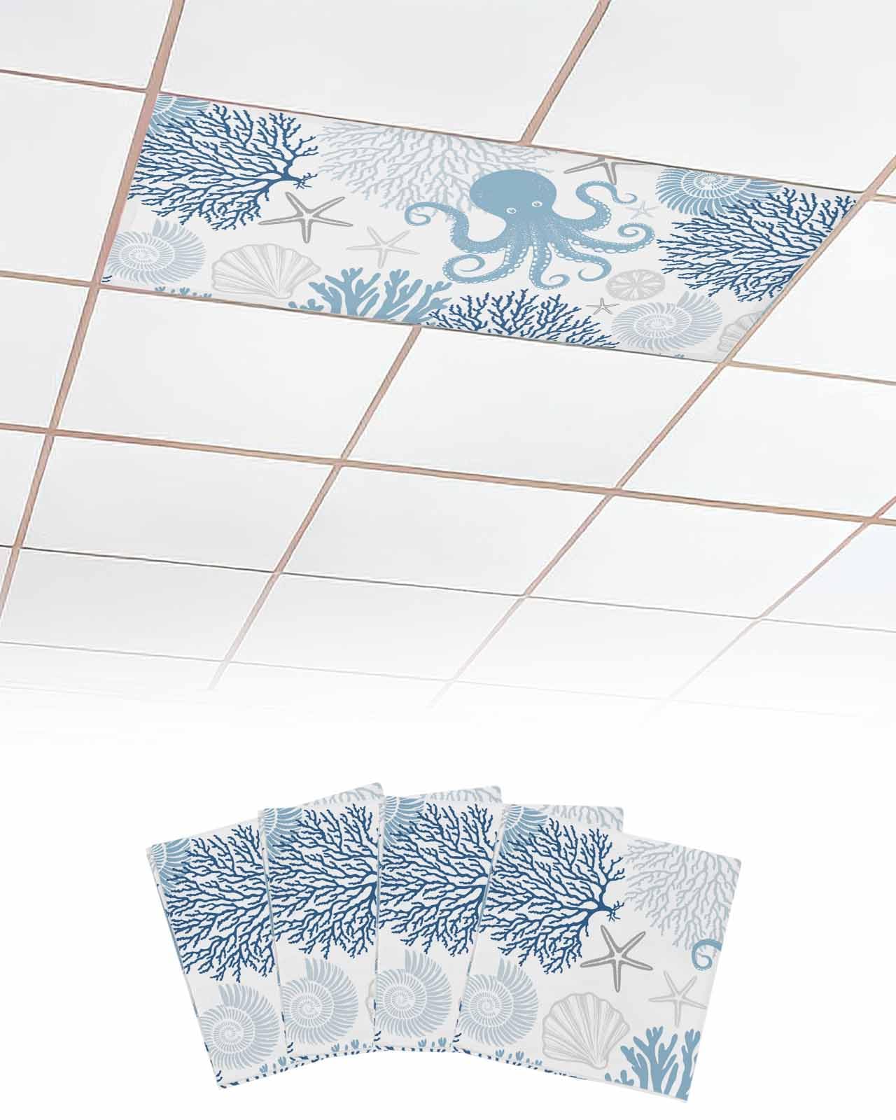Ocean 4 Pcs Fluorescent Light Covers for Ceiling Lights, Blue Octopus Coral Starfish Magnetic Light Filters for Eliminate Harsh Glare Classroom Office Decoration, 4 x 2 Ft