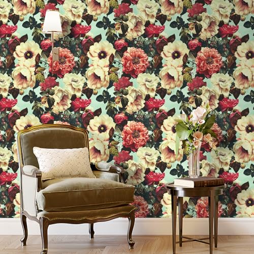 ReWallpaper Peel and Stick Wallpaper Tropical 44.5CM×7M Vintage Floral Wallpaper Blue Duck Egg Sticky Back Plastic Patterned for Shelves Art Deco Waterproof Wall Paper for Living Room Bathroom