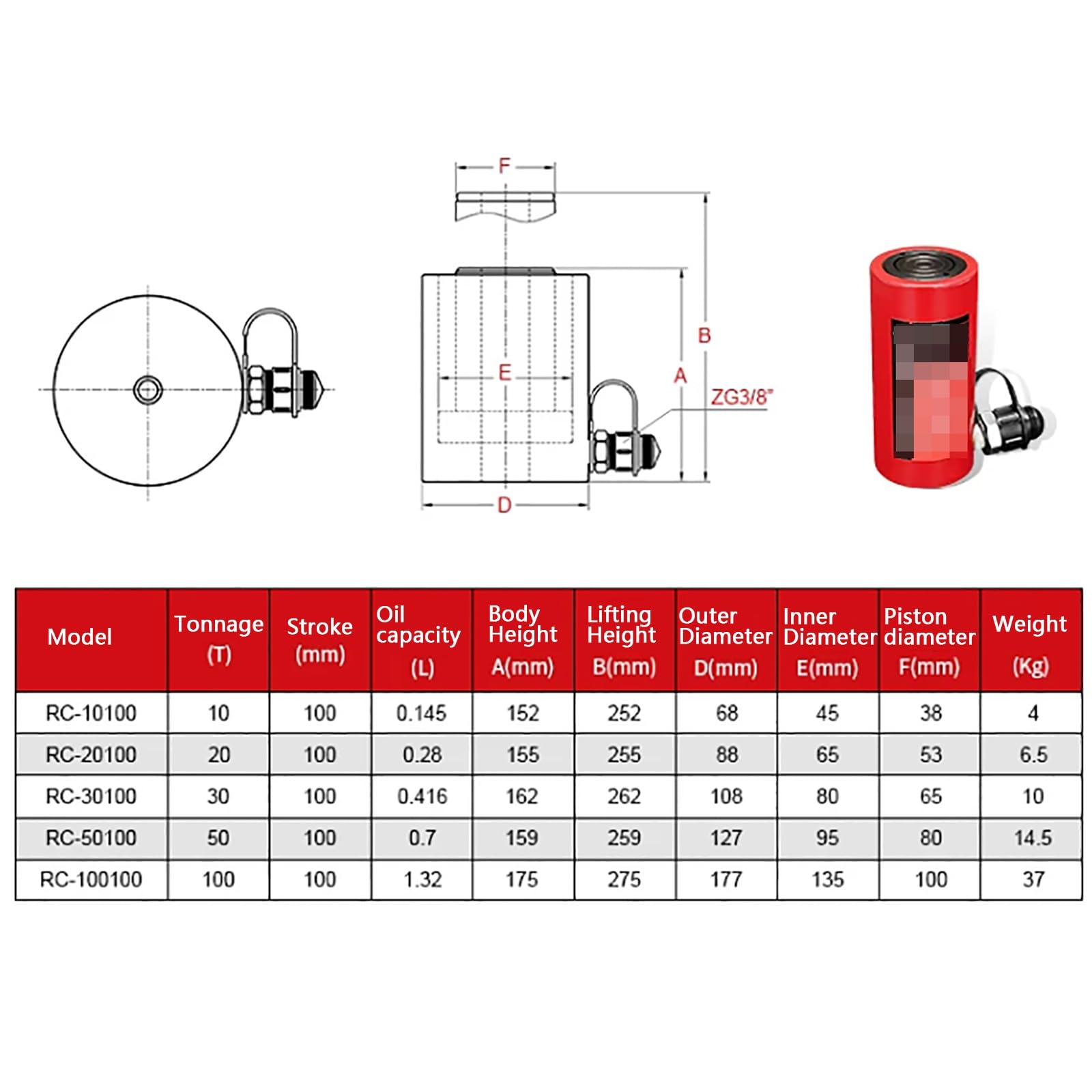 Gato Hidráulico de Simple Efecto, Carreras de 100 mm, Gato Hidráulico Industrial (bomba No Incluida), para Reparación de Maquinaria, Ingeniería Energética(30T)