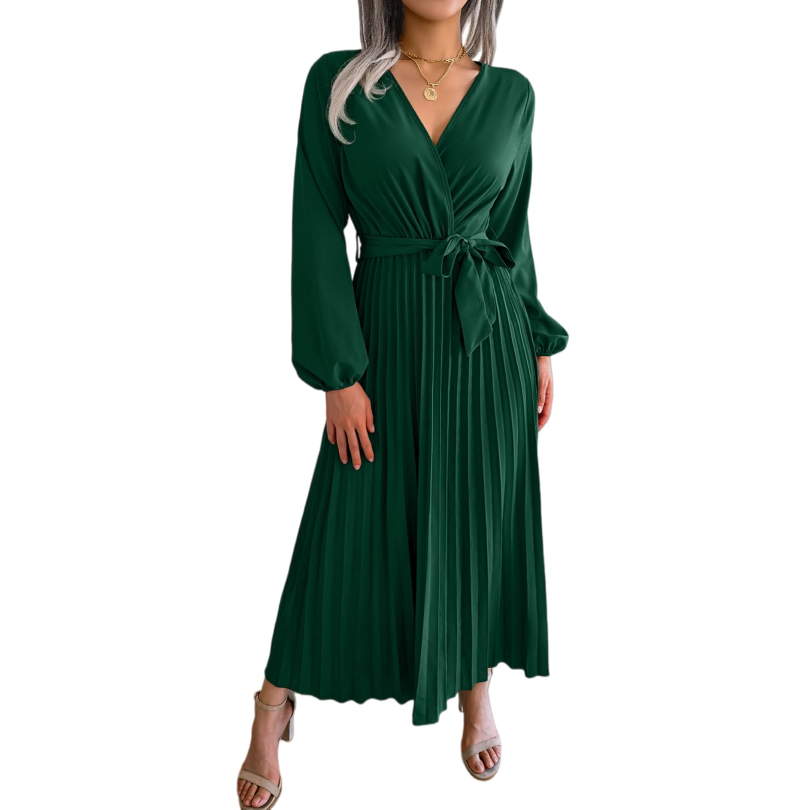 Vestito Donna Elegante Maxi Abito, V Collo Maniche Lunghe Abito Piegato per Ospite di Nozze, Festa Casual E Abiti Giornalieri-Black-m