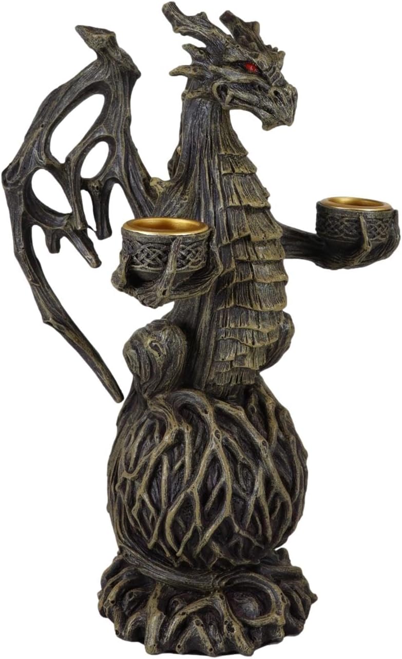 Ebros Gift Forest Tree Ent Greenman Dendritic Dragon Sitting On Branch Root Globe Double Candleholder Candles Holder Figurine Fantasy Prehistoric Drake Behemoth Dungeons and Dragons