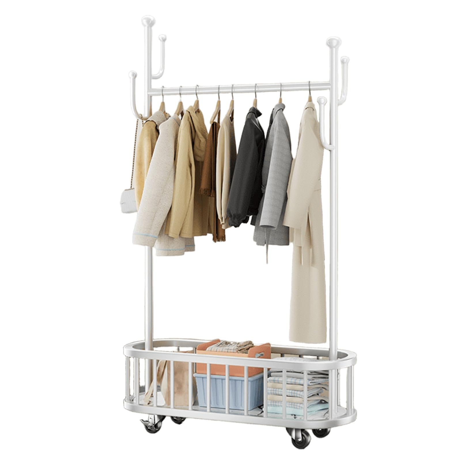YNBSHGAA Metal Rolling Clothes Rack with Wire Basket 80cm/31in Portable Garment Stand for Bedroom and Entryway Stylish Black Clothing,White-80 cm/31 in