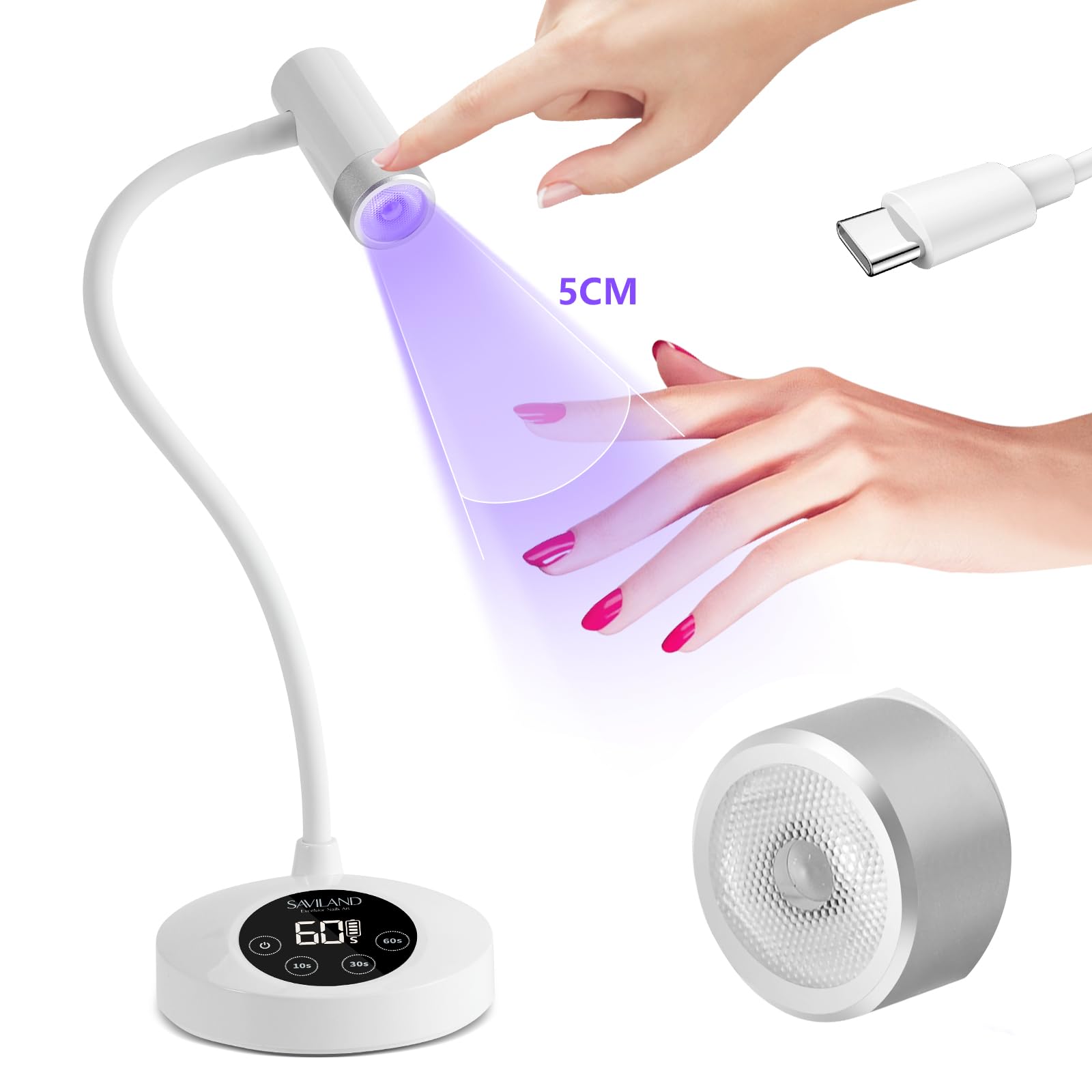 SAVILANDIntellisense Gooseneck U V Lamp for Gel Nails: Motion Sensor 12W U V Nail Lamp Quick Drying LED Cure Lamp Rechargeable Gel Lamp 3 Timers Setting 360°Adjustable Nail Dryer Manicure Light