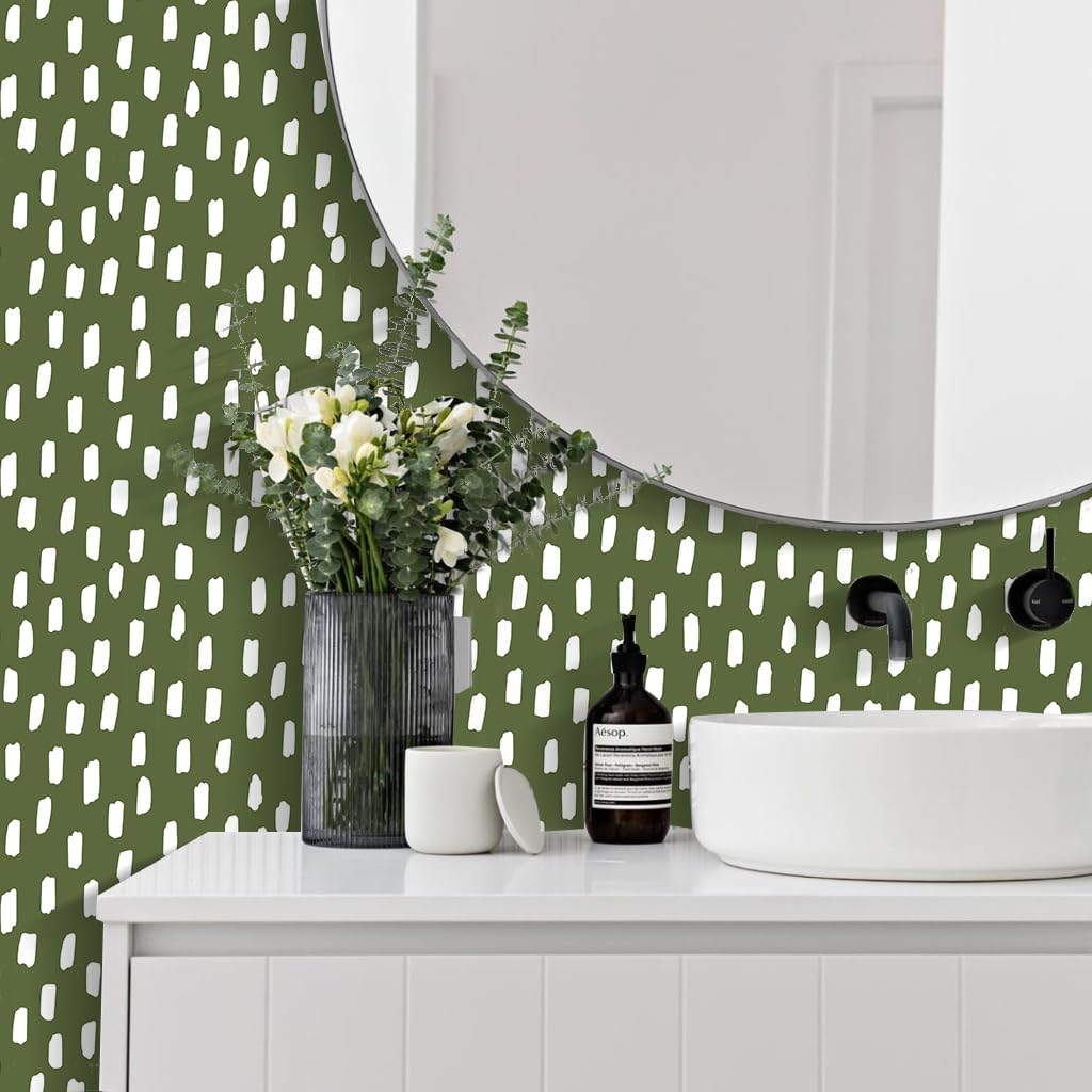 HAOKHOME Sage Green Wallpaper Self Adhesive Boho Modern Dots Wall Paper Removable for Bedroom Green/White Contact Paper 3m x 44cm