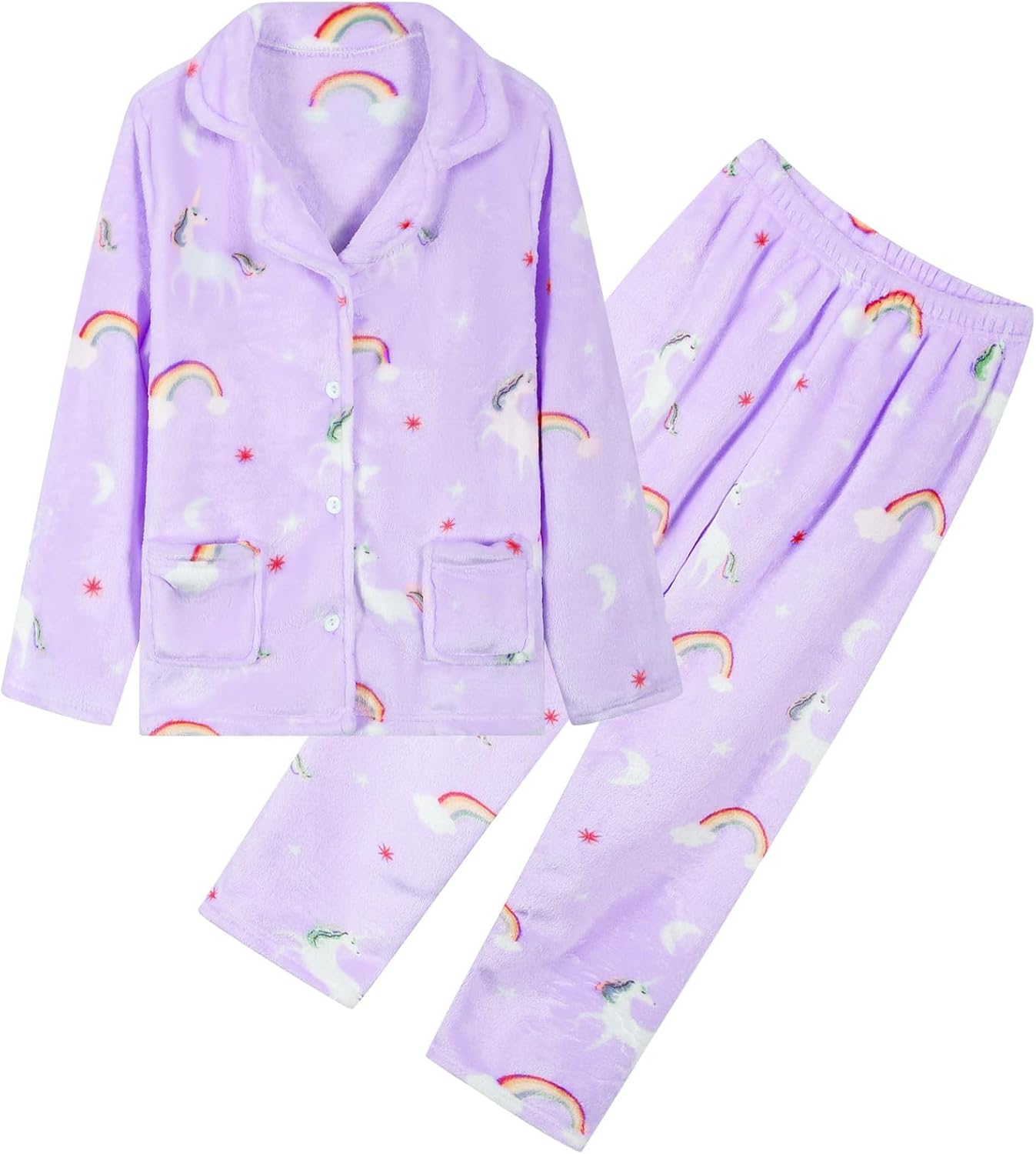 Umeyda Girls Fleece Pajamas Long Sleeve Flannel Button Down Sleepwear Kids Soft Fuzzy 2 Pieces Pjs Loungewear Sets