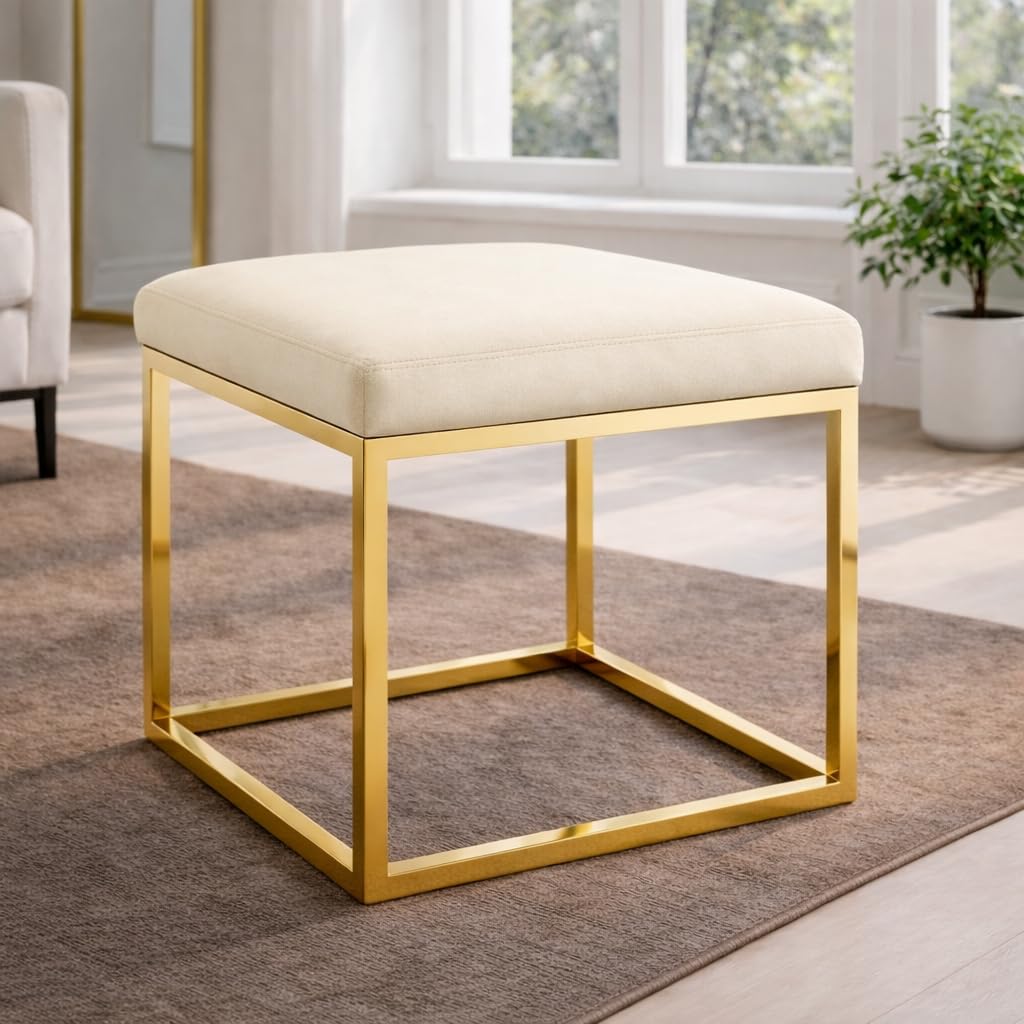 Square Metal Ottoman/Sitting Stool/Living Room Furniture/Office, Velvet Footstool/Footrest Pouffes Home Decor (Cream) - 30.48 Cm, 38 Cm-image-20