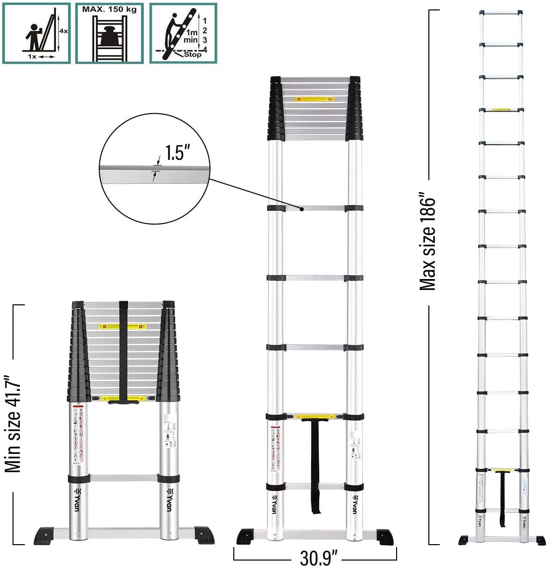 Yvan Telescoping Ladder with Stabilizer Bar, 17 FT One Button Retraction Aluminum Telescopic Extension Ladder,Slow Down Design Multi-Purpose Ladder for Household Daily or Industrial,330 Lb Capacity - - 