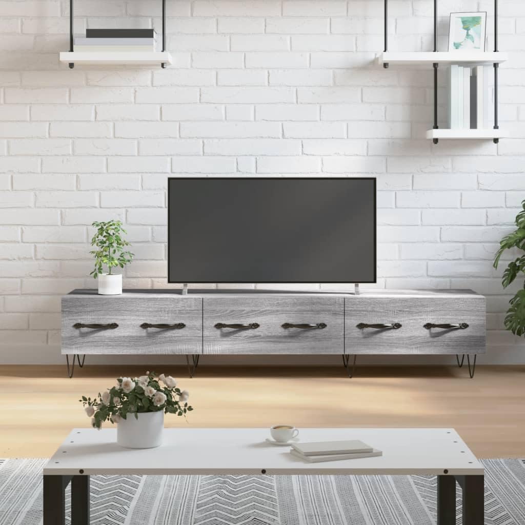 Szafka pod telewizor Sonoma szara z materiału drewnopochodnego 150 x 36 x 30 cm z żelaznymi nogami, 3 szuflady, niska szafka do salonu, gier, kina domowego, schowek, zarządzanie kablami