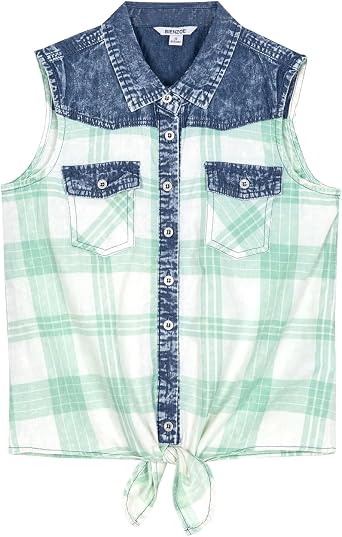 Bienzoe Girls Crop Tank Tops Cowgirl Plaid زر بلا أكمام أسفل بلوزة عرضية غربية