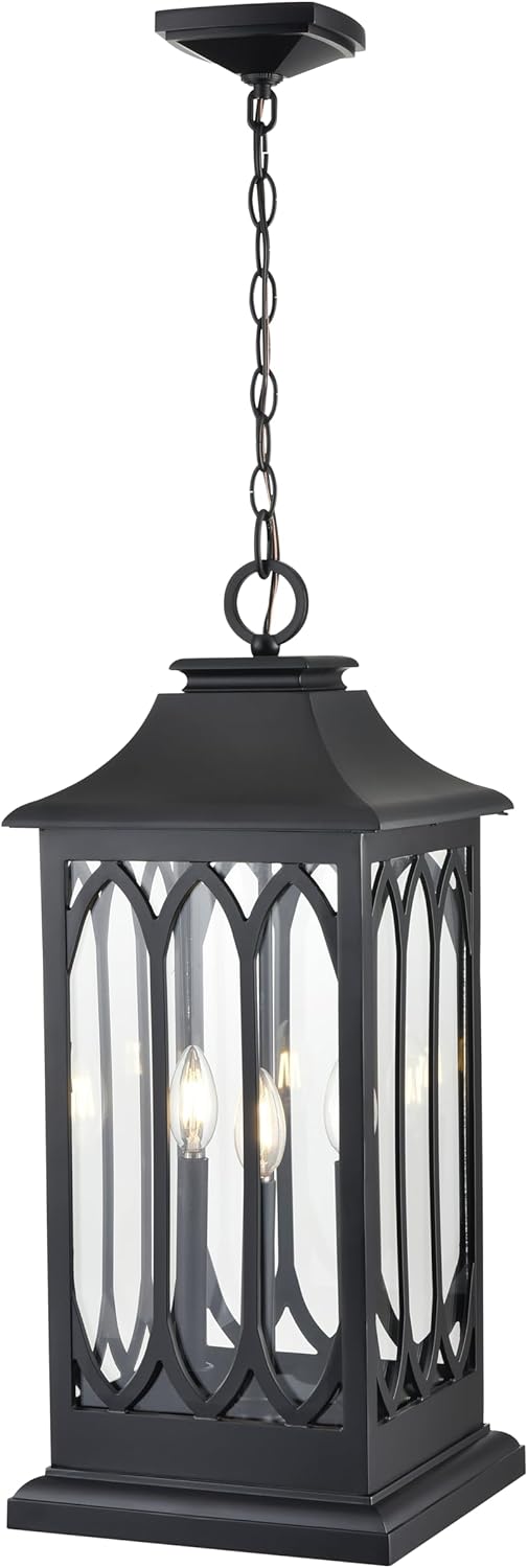 ML Lighting | Mallorey Collection | 88104-PBK | Outdoor 3 Light Hanging Lantern in Powder Coated Black with Clear Glass Shade | Corridors, Gardens, Courtyards, Doorways, Back Yards, Patios