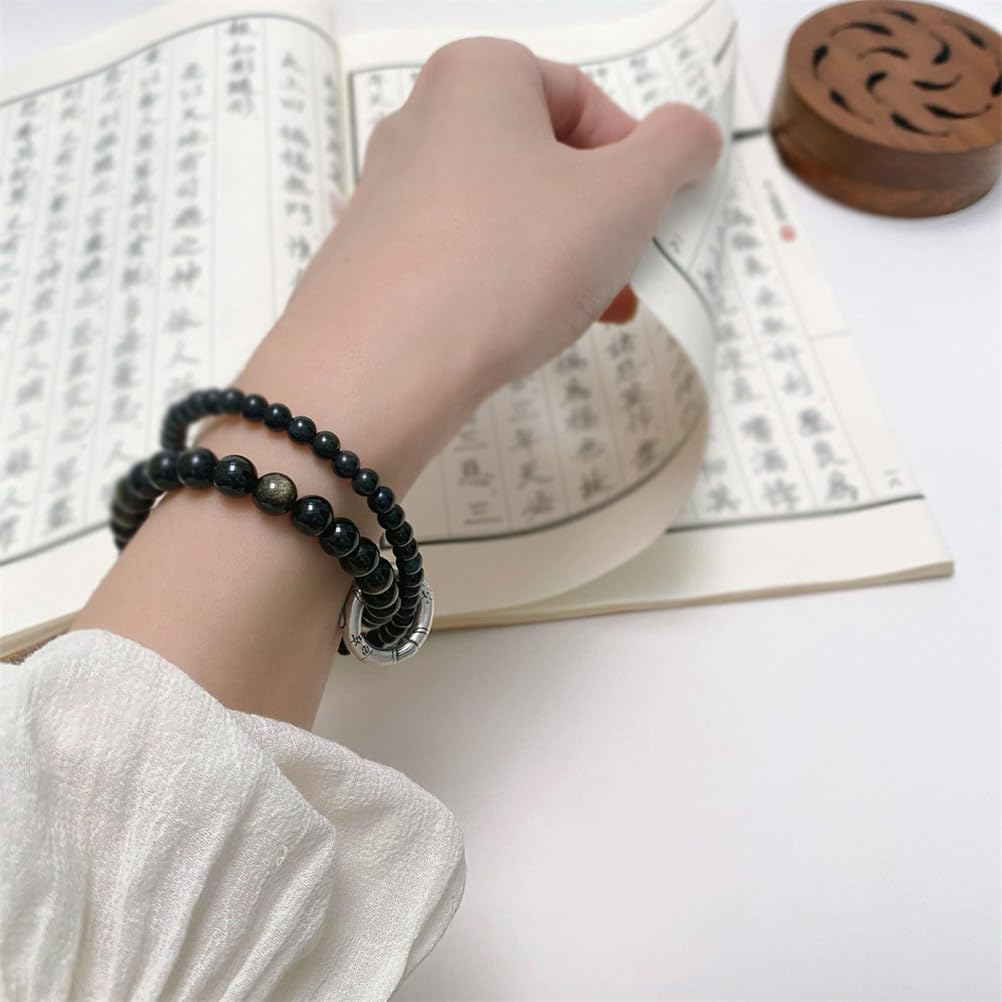 Bracciale in Ossidiana Nera Naturale con distanziatore in Argento Sterling Perline di Cristallo protettive con Accento ad Anello fluttuante, Gioielli Elasticizzati per Uomo e Donna