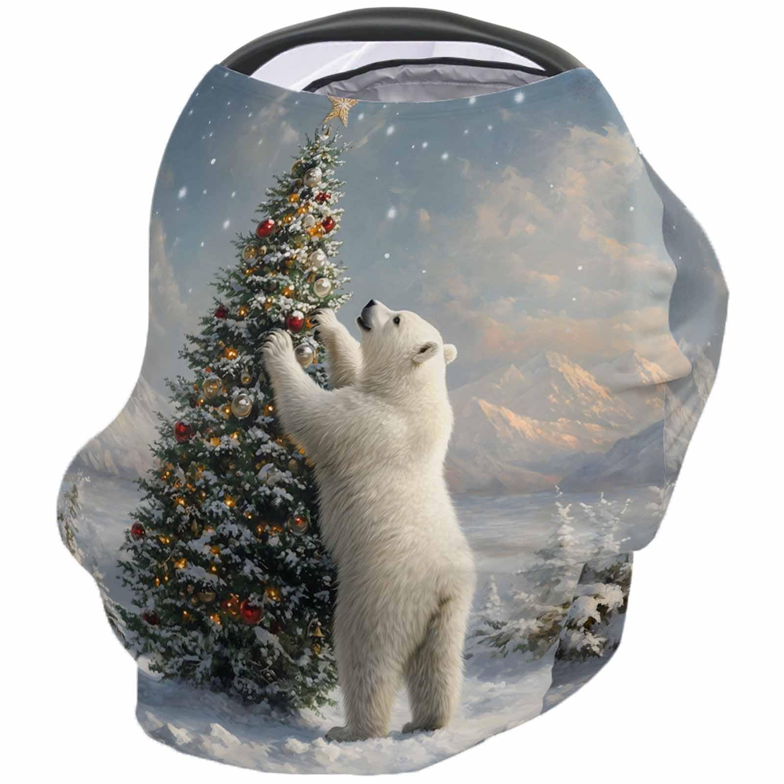 Nursing Cover for Breastfeeding Scarf, Christmas Winter Polar Bear Decorating The Xmas Tree Baby Car Covers Super Soft Multi Use for Canopy Shopping Cart Cover Blanket Stroller Cover