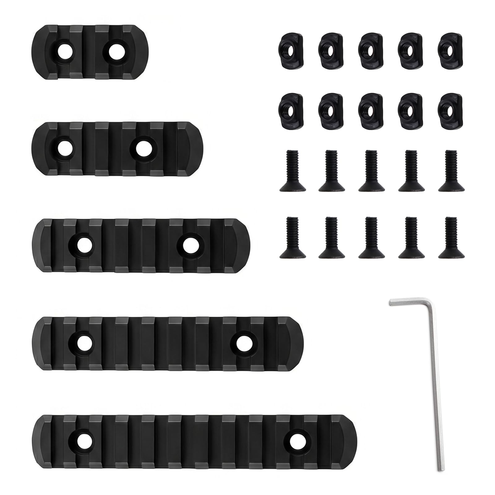 5PCS 20mm Picatinny Rail per M-Lok,Picatinny Rail 3/5/7/9/11 Slots con Chiave Allen a L,10 Dadi a T e 10 Viti,per Mirini Torce Elettriche Impugnature Imbracatura Supporti,Nylon,Nero