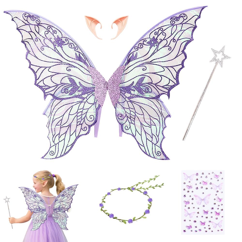 HuaMuDM Feenflügel Kostüm,Prinzessinnenflügel,Flügel Fee,Schmetterlingsflügel Kostüm,Schmetterlingsflügel mit Elfenöhren,Halloween,Weihnachten,Karneval,Party Dekoration
