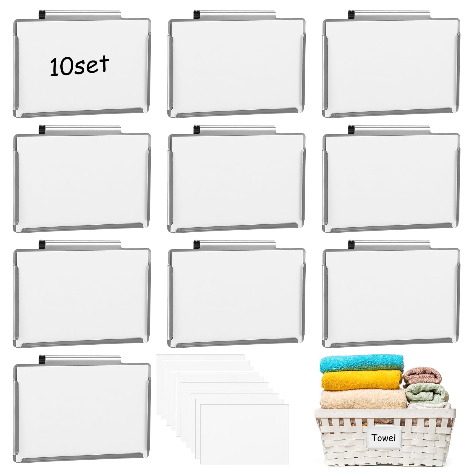 Photo 1 of 10 Pack Metal Basket Bin Labels Clips,3.54" x 2.36" Stainless Steel Label Holders with White Papers,Silver Removable Bin Clips for Labeling, Classification