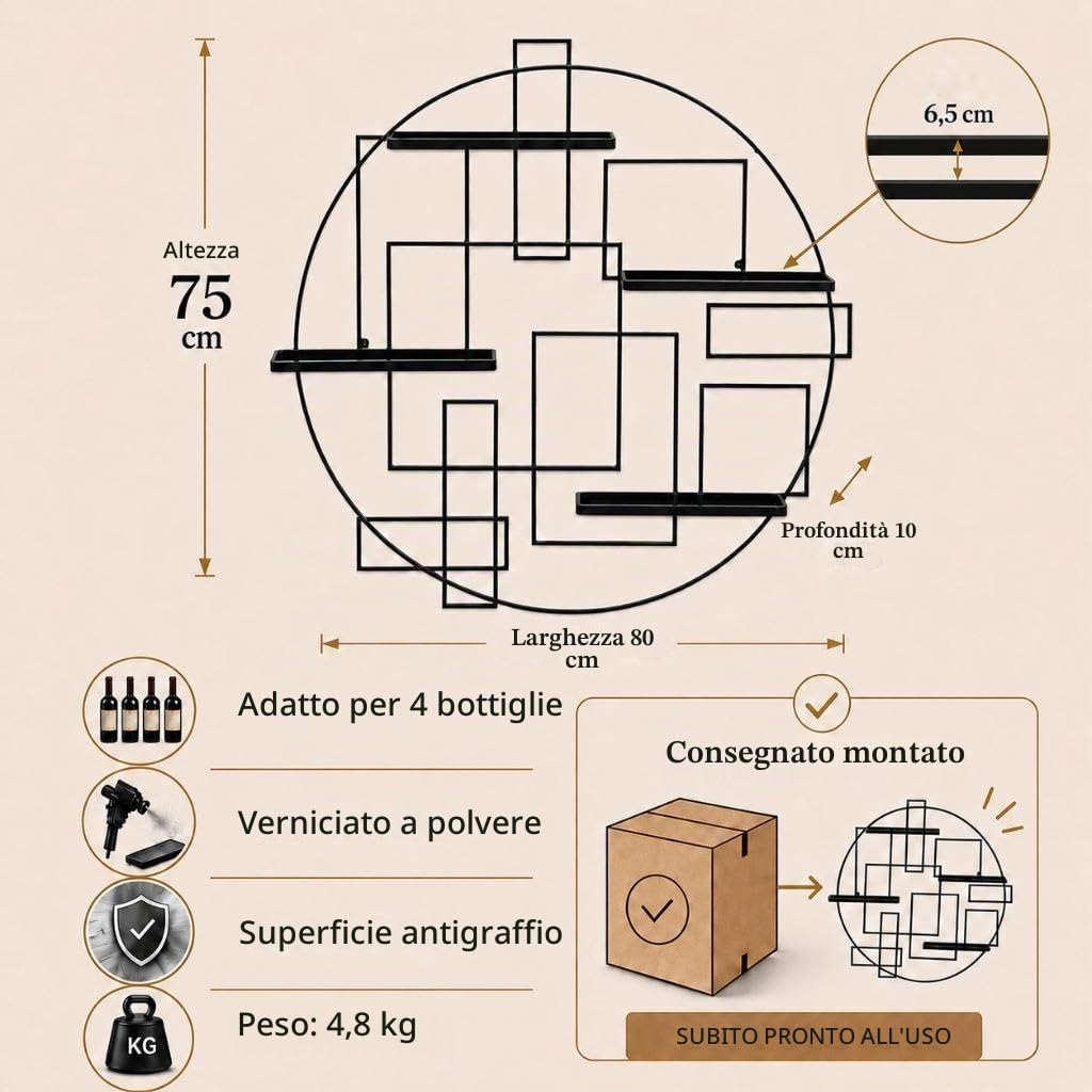 DanDiBo Scaffale vini “Pi4” Supporto bottiglie in metallo 80 cm Porta bottiglie Scaffale a parete Scaffale
