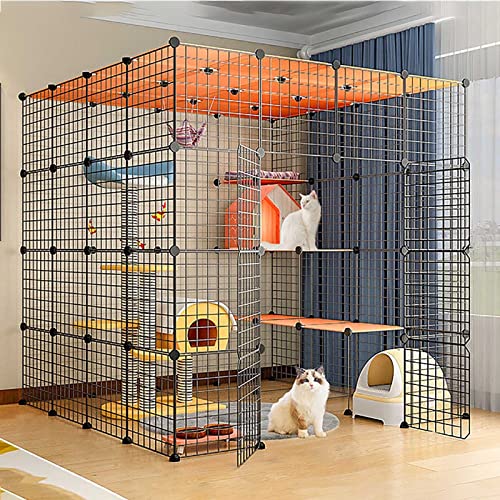 大型屋内猫用囲い、猫用犬小屋フェレットケージ取り外し可能な金属製ペット犬用運動フェンスハンモック付き、組み立て簡単、黒/白、6サイズ(ブラック 144x144x144cm)