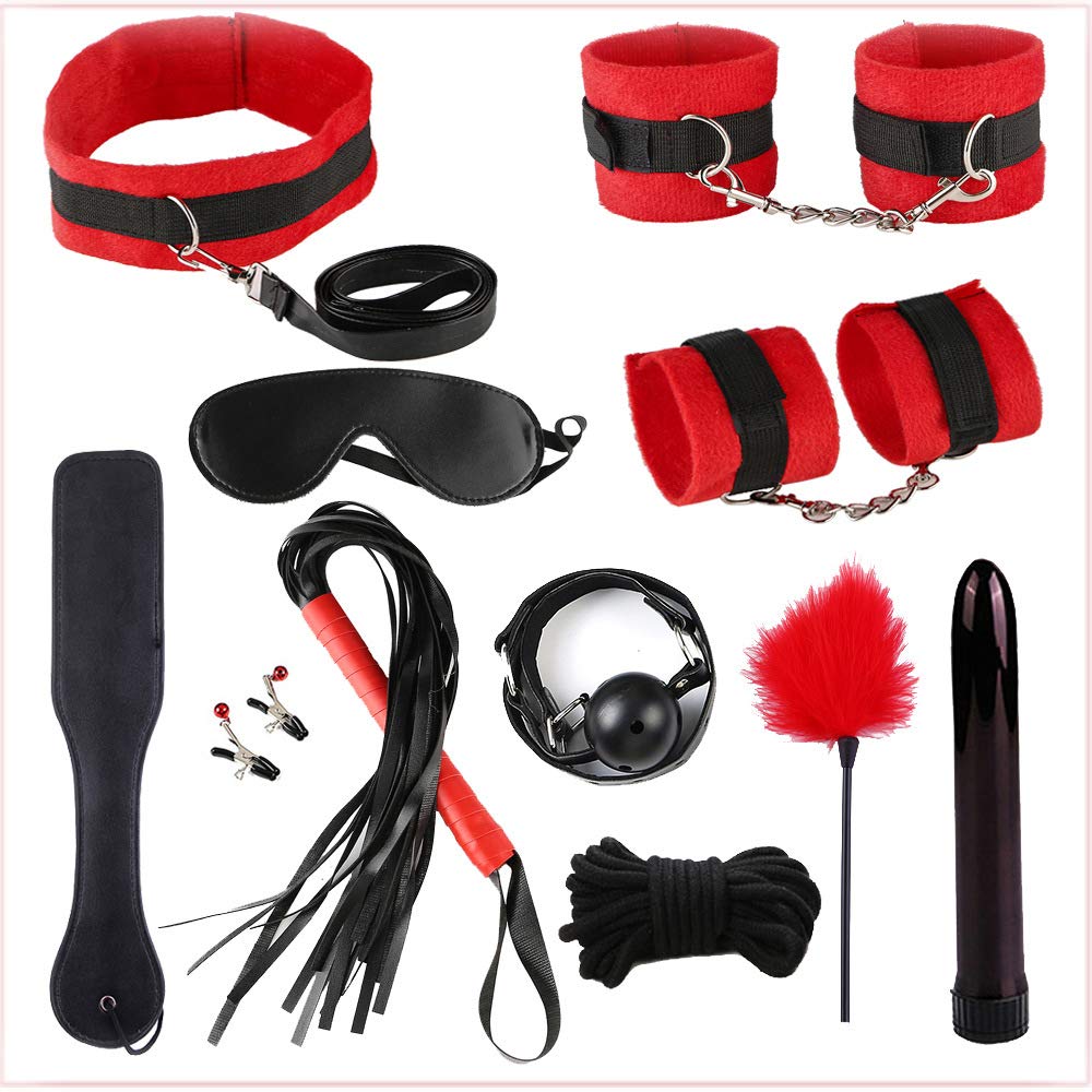 Poignets, Fouet, pagaie, Corde de Manacle en Coton 11 pièces (Rouge et Noir)