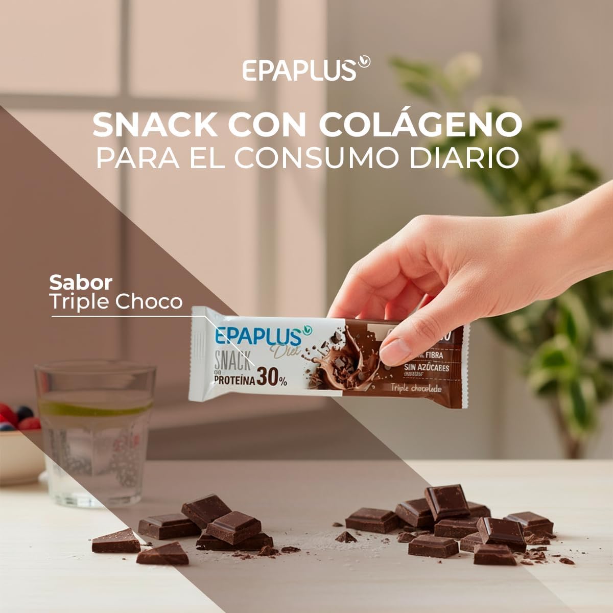EPAPLUS Diet | Barritas Proteína con Colágeno | 30% Proteínas y 6g Colágeno por Barrita 50g | Sin Azúcares Añadidos | Fuente de Fibra | Triple chocolate | Pack 12 Unidades