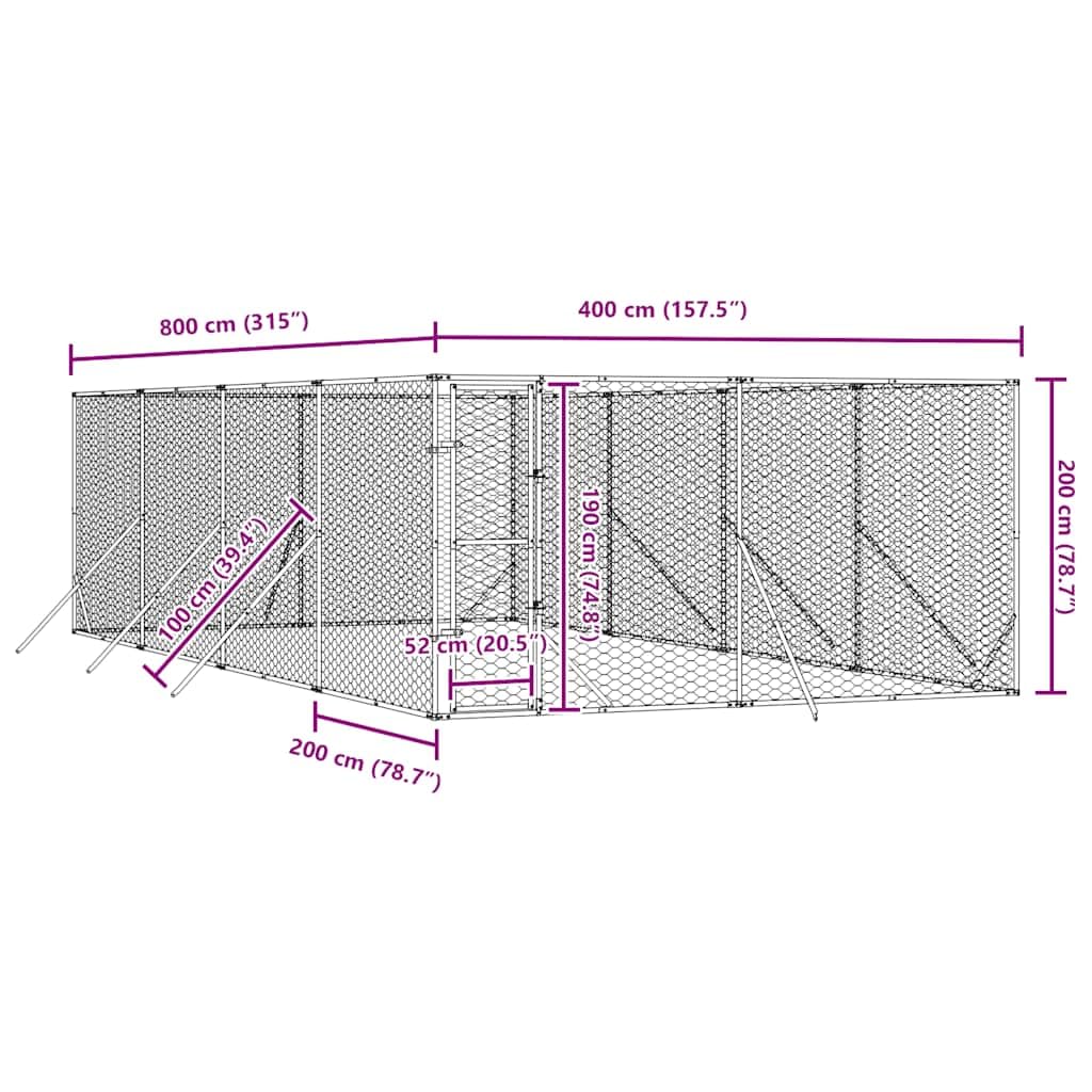 Outdoor-Hundezwinger silbern verzinkter Stahl 4x8x2 m großer Hundekäfig mit verschließbarer Tür sicherer Freigehege Auslauf für Hunde Kleintiere Garten und Terrasse