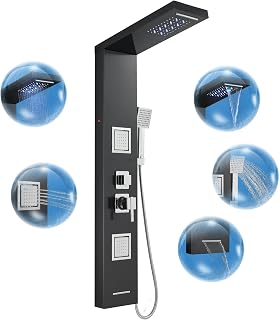 ROVOGO Shower Panel Tower System, Rainfall Waterfall Shower with Led Lights, Massage Jets, Handheld and Tub Spout, Shower Column Stainless Steel Black