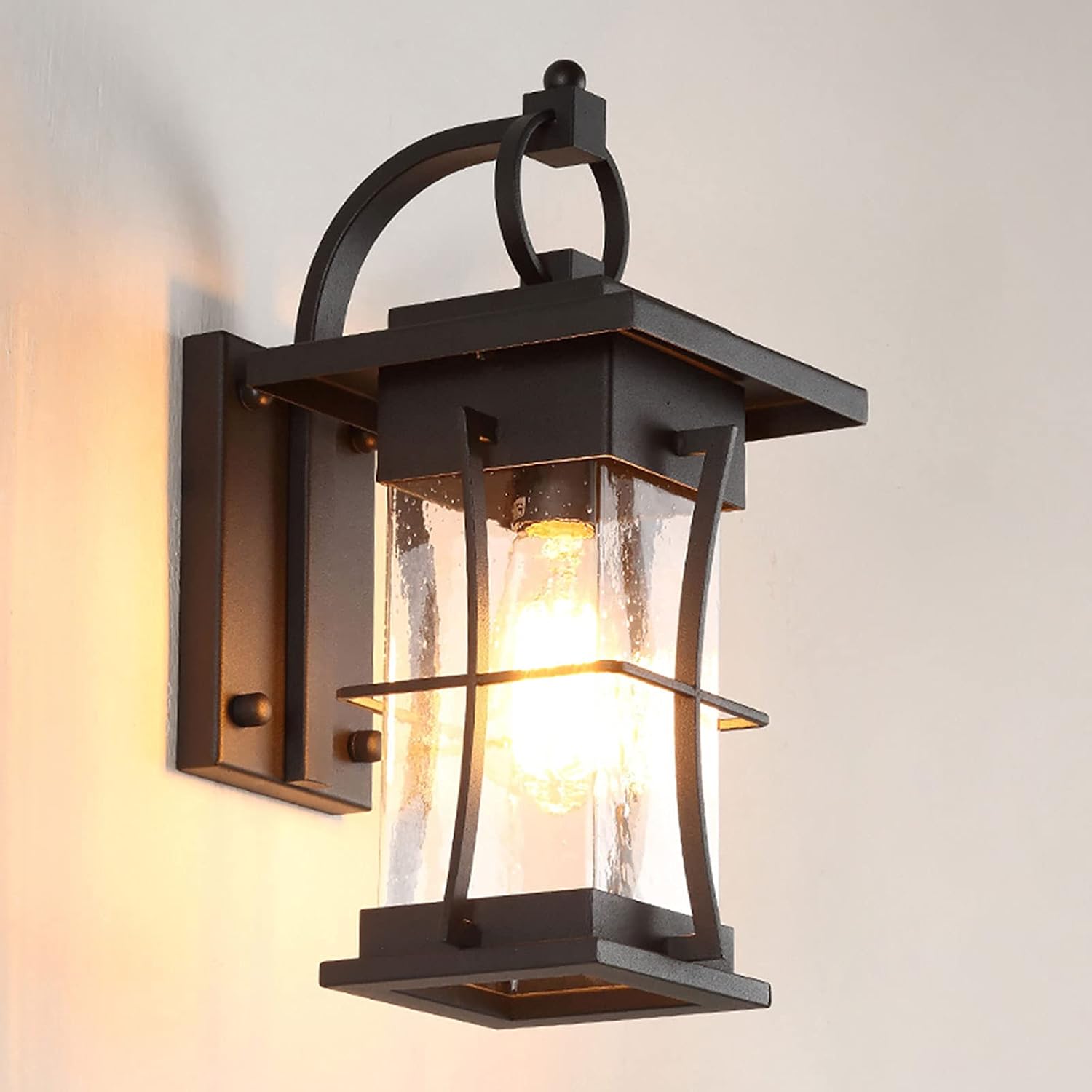 Sensor Outdoor Wall Mount Light Dusk to Dawn Aluminum Porch Light Exterior Wall Lantern Sconce in Black Finish with Glass Shade for Garage, Entryway