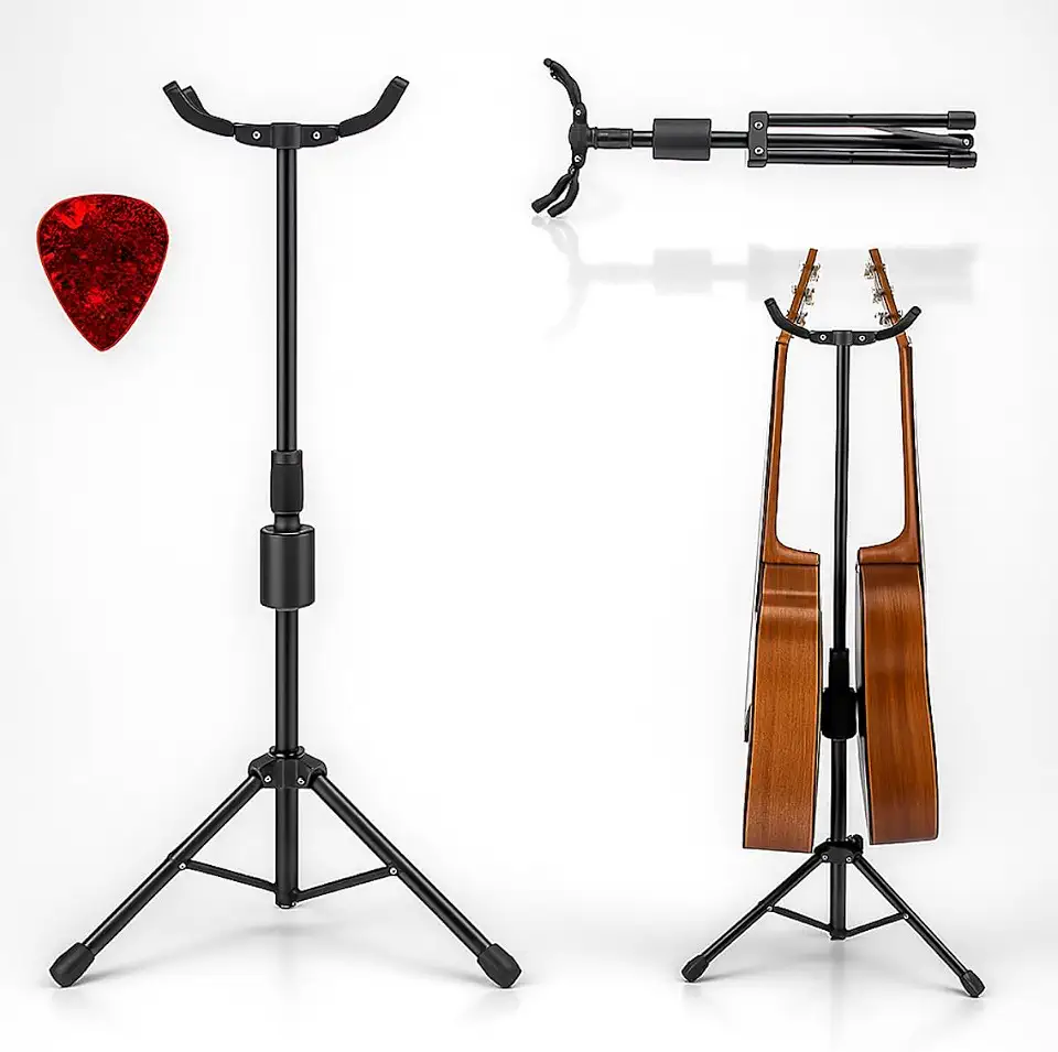 Suporte duplo regulável para guitarra e violão, baixo de chão estante forte almofadada e espumada, com apoio emborrachado, altura ajustável, design dobrável ideal para 2 instrumentos com segurança