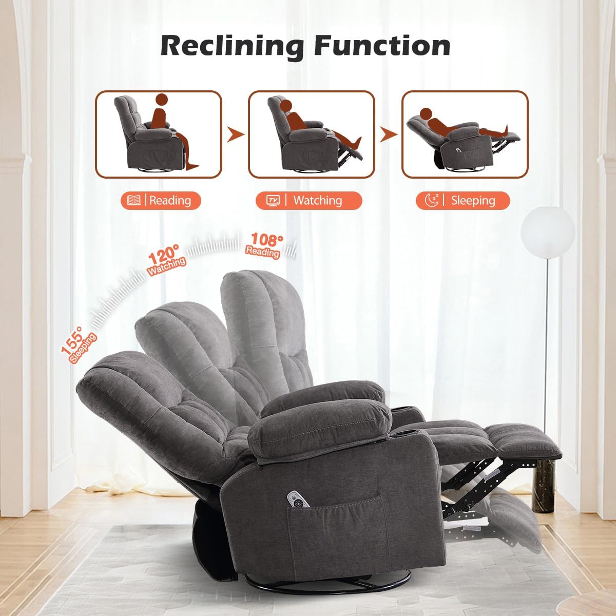 Recliner Chair with Cup Holders for Living Room Single Seat Manual Oversized Recliner with Ergonomic, Side Pocket for Adult