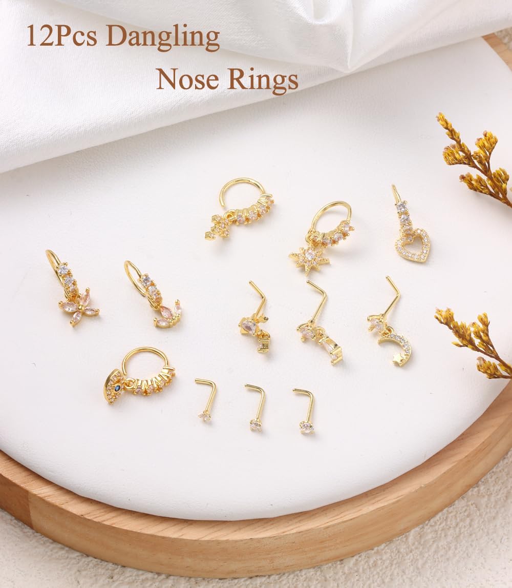 CASDAN 12Pcs 20G Dangle Nose Rings for Women Men L Shaped Nose Studs Dangling Nose Rings Hoops Stainless Steel CZ Heart Moon Star Nose Piercing Jewelry
