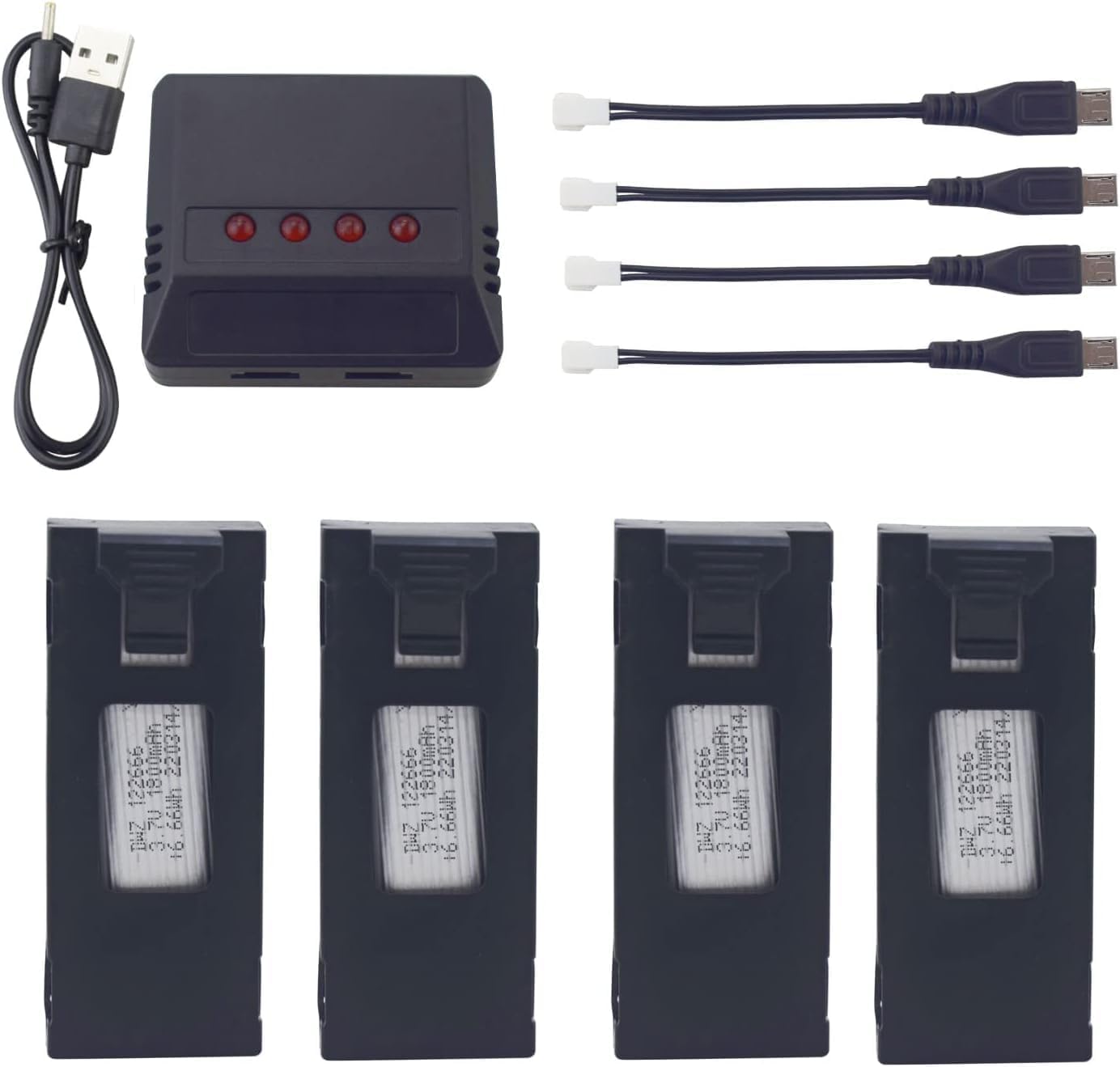 Fytoo 4PCS 3.7V 1800mah Li-ion Battery with 1PCS 4 in 1 Charger for E88 E88PRO E88MAX E525 E99 E99PRO P1 P5PRO K3 S1 P8 RC Quadcopter Drone