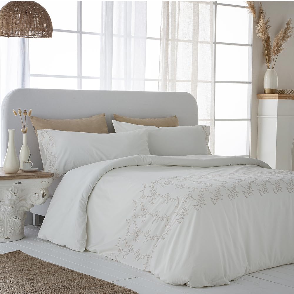 COTTON ARTean Funda Nórdica Cama 150 Percal Algodón 200 Hilos IRATI Beige | Incluye 3 piezas: F. Edredón 240x220 + 2 F.de Almohada Cierre Botones. Certificado OEKO-TEX