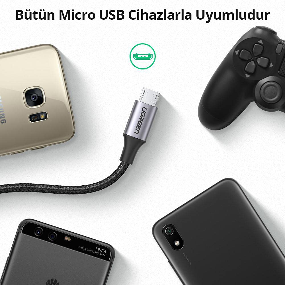 Ugreen Örgülü Micro-USB & USB-A Data ve Şarj Kablosu, 1 Metre, Beyaz