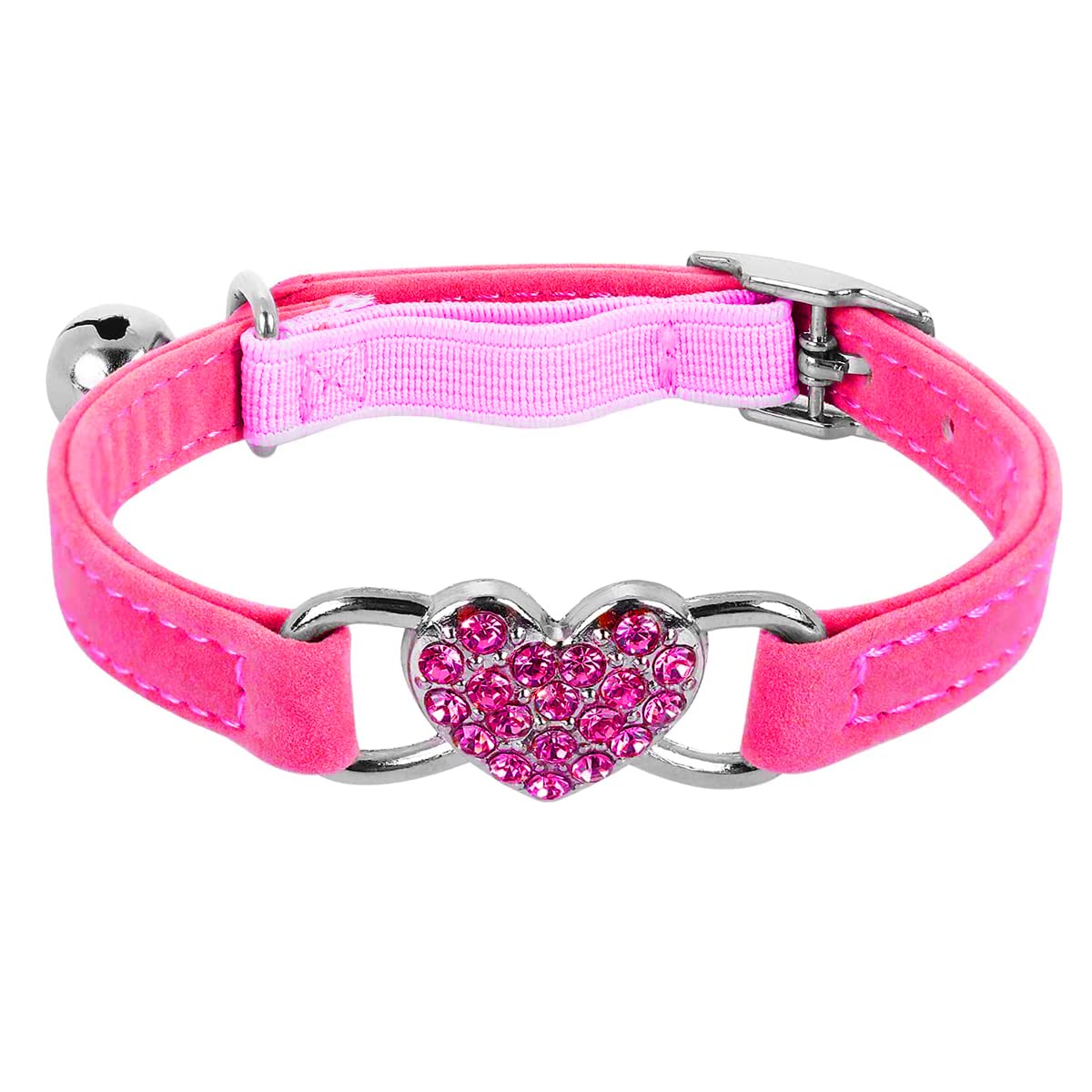 Jagowa 1 Piece Heart Rhinestone Cat Collar Adjustable Flocking Colored Diamonds Bell with Safety Belt Pet Supplies for Small Cats Dogs (Rose Red)