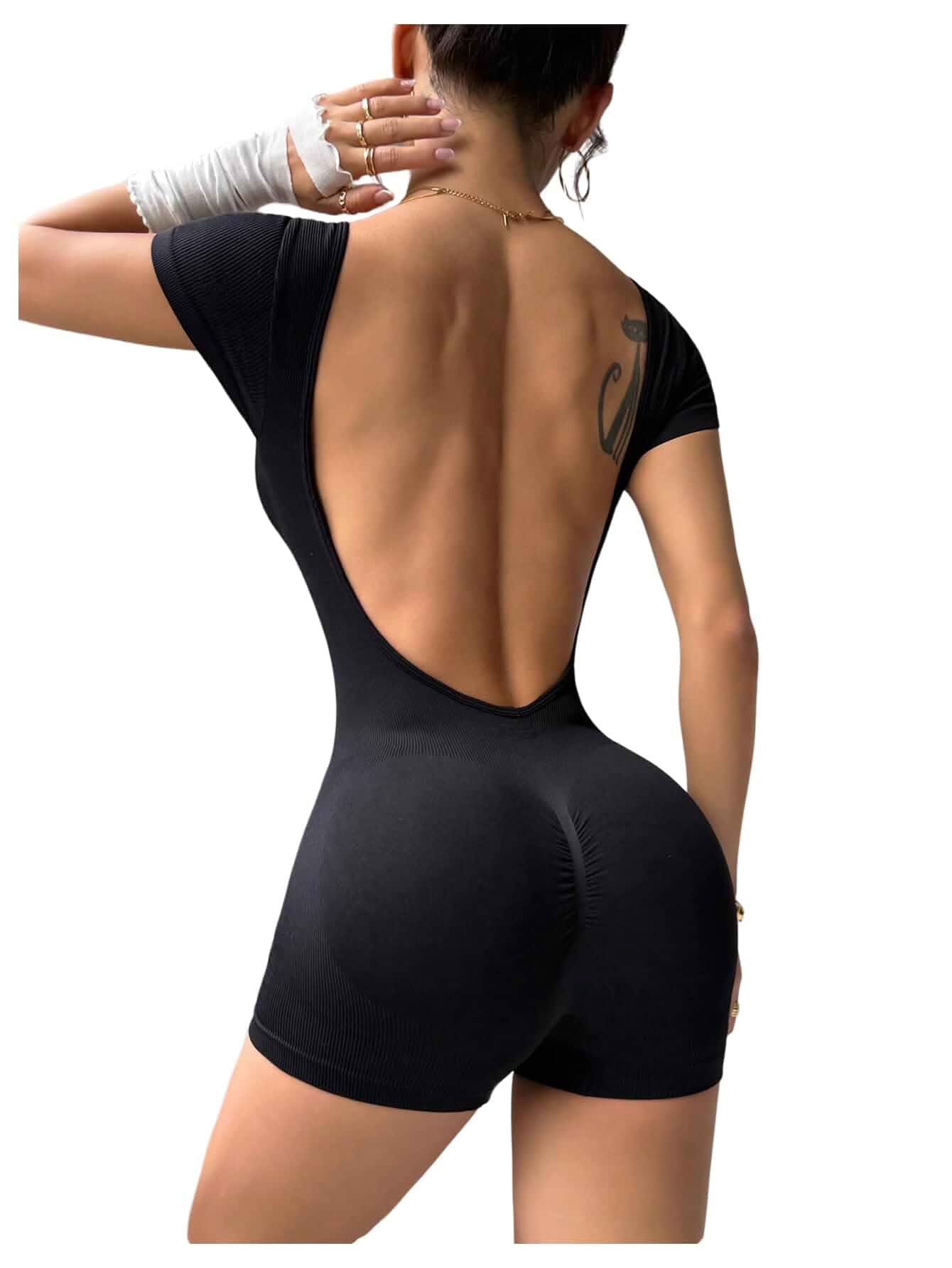 SweatyRocks Women's Backless Workout Romper One Piece Yoga Gym Jumpsuit | Athletic Open Back Sports Active Bodysuit