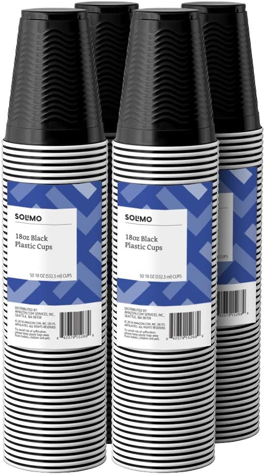Amazon Brand - Solimo 18oz Disposable Plastic Party Cups, 200 Count, Black