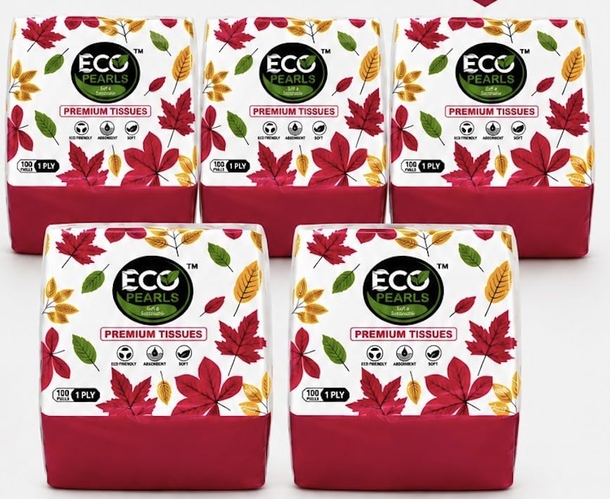Image of EcoPearls Soft & Sustainable Tissue Paper, 100 Pulls, Disposable Paper Napkins, Pure White Embossed, 30x30 cm, 1 Ply, Pack of 5