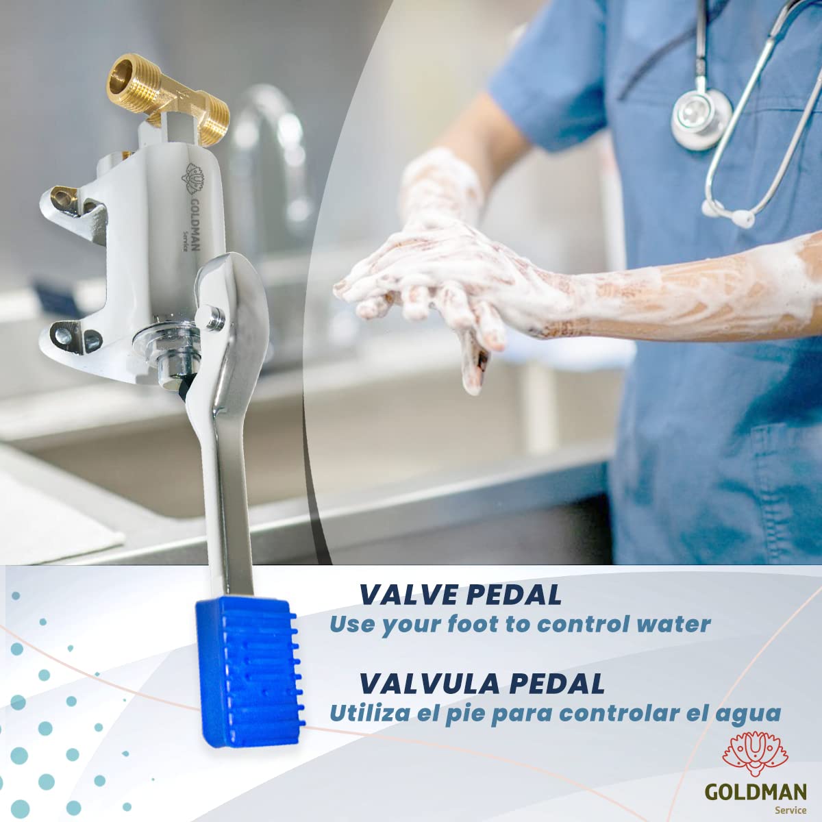 GOLDMAN SERVICE Set de Grifo Pedal para Fregaderos Industriales Hostelería - Caño Alto - Latiguillo - Adaptador conexión para dos aguas Fría - Caliente