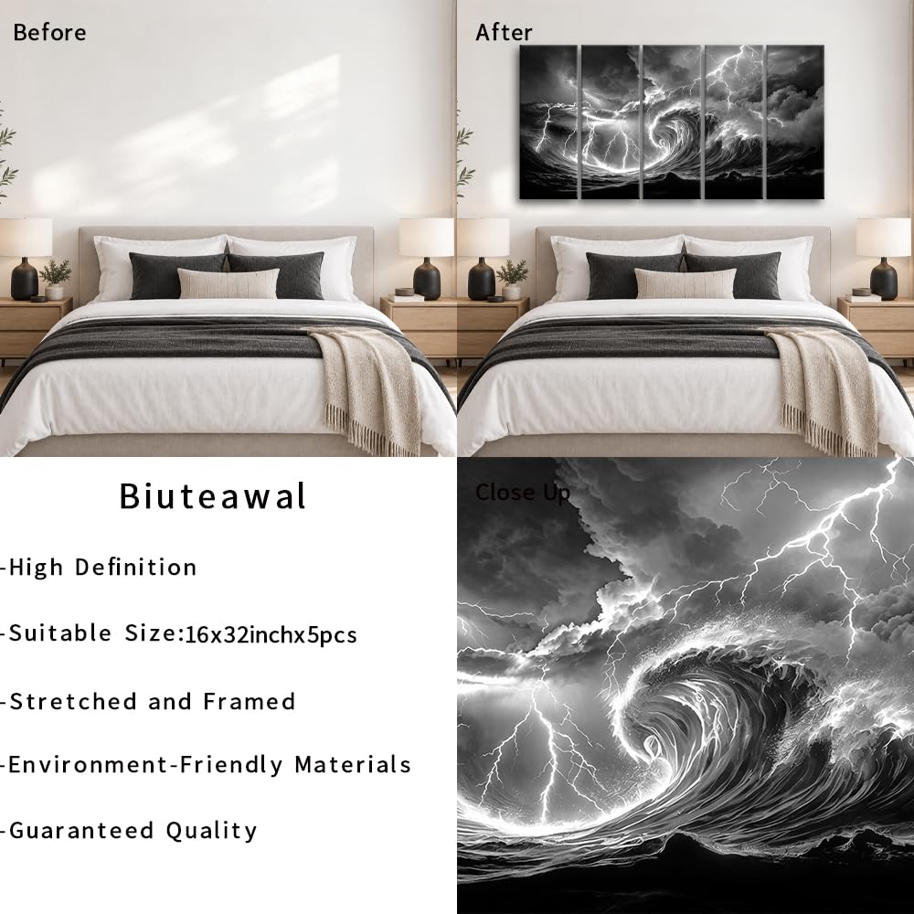 Biuteawal 5 piezas de arte de pared con diseño de olas del océano, relámpago, blanco y negro, imágenes enmarcadas de paisaje marino, decoración moderna para el hogar y