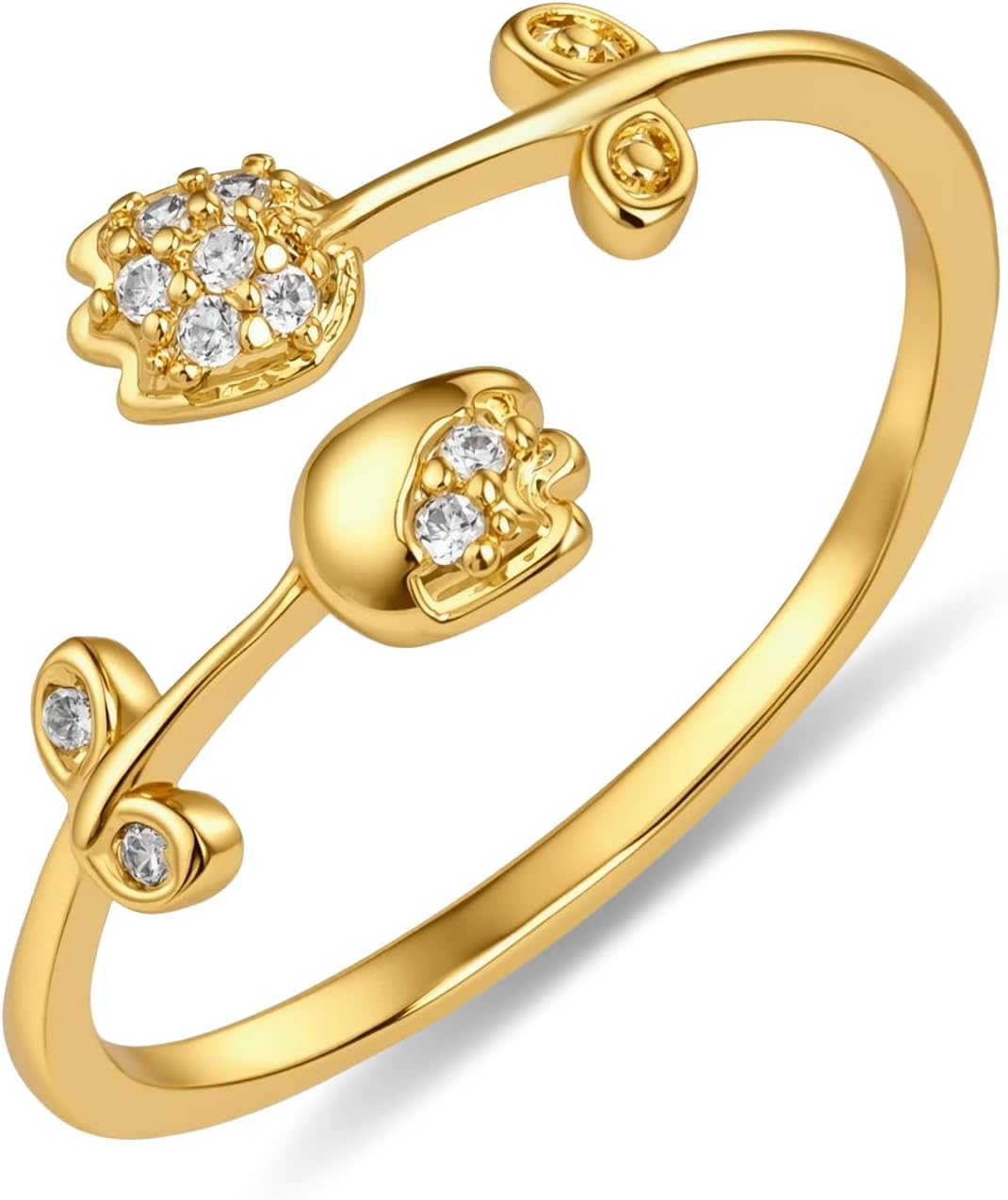 14K Gold Plated Cubic Zirconia Flower Open Ring Dainty Statement Adjustable Ring for Women Valentine's Day