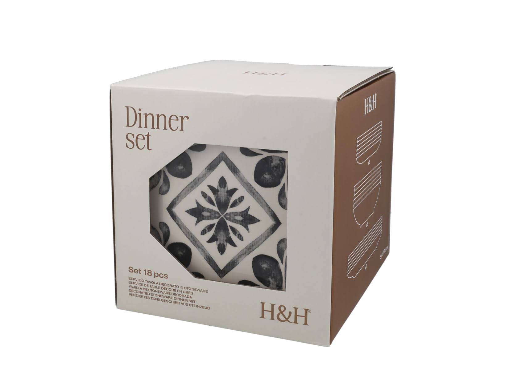 H&H Helena Tafelservice 18-teilig aus dekoriertem Stoneware, Komplettes Geschirrset für 6 Personen, Optical-Design in Schwarz und Elfenbein inspiriert von handwerklicher Majolika