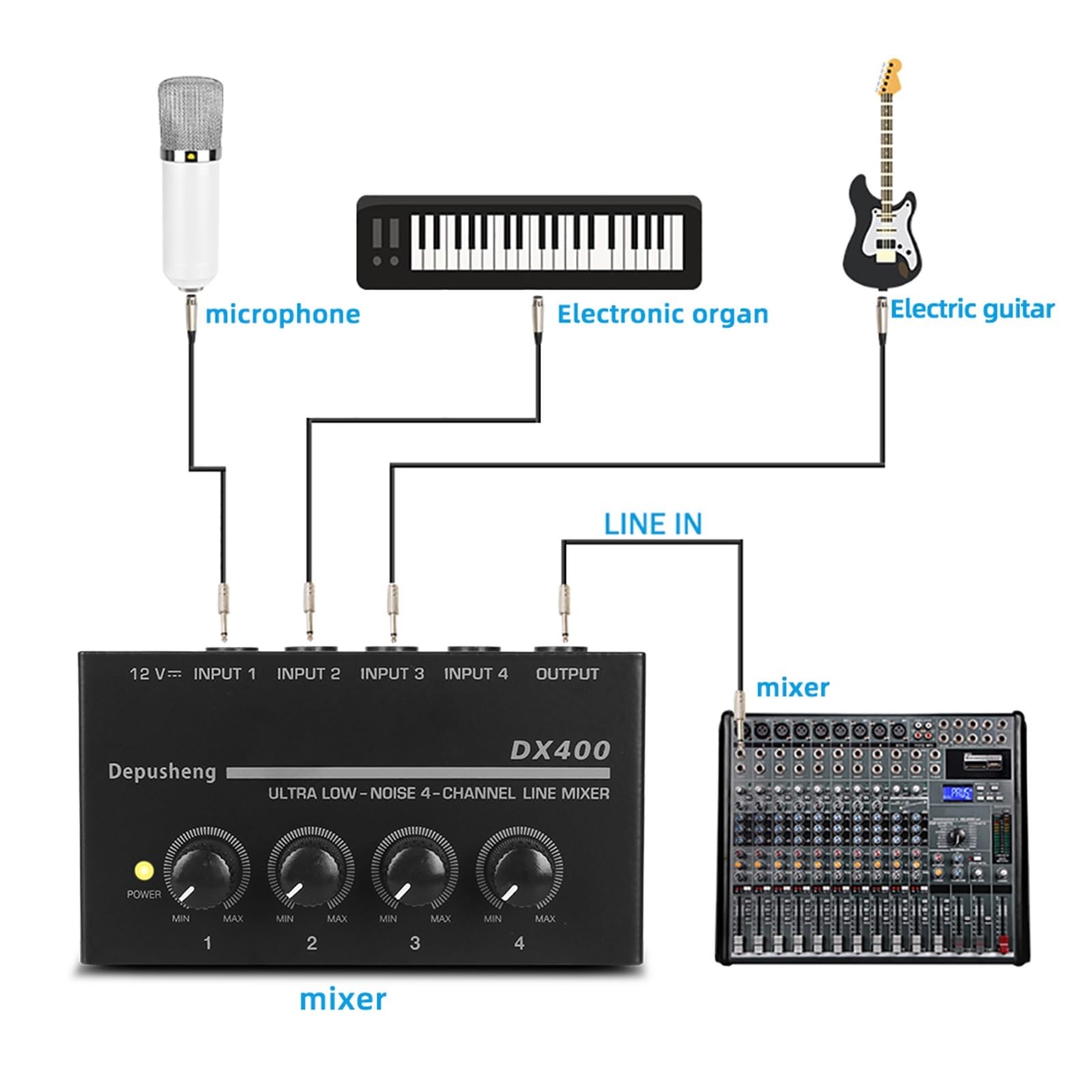 Mezclador de línea de 4 canales de ruido ultrabajo mejorado DX400 Mini mezclador de sonido Fuente de alimentación DC5V Fácil operación Dropshipping(DP400)