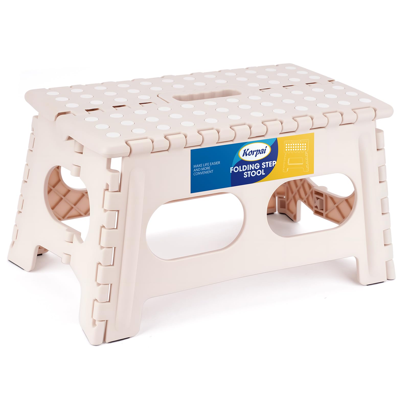 Korpai 9" Folding Step Stool for Adults and Kids 15-Inch Extra Wide Stool Holds Up to 300 lbs,Non-Slip Folding Stools with Handle,Compact Plastic Foldable Step Stool for Bathroom,Kitchen,ect Khaki